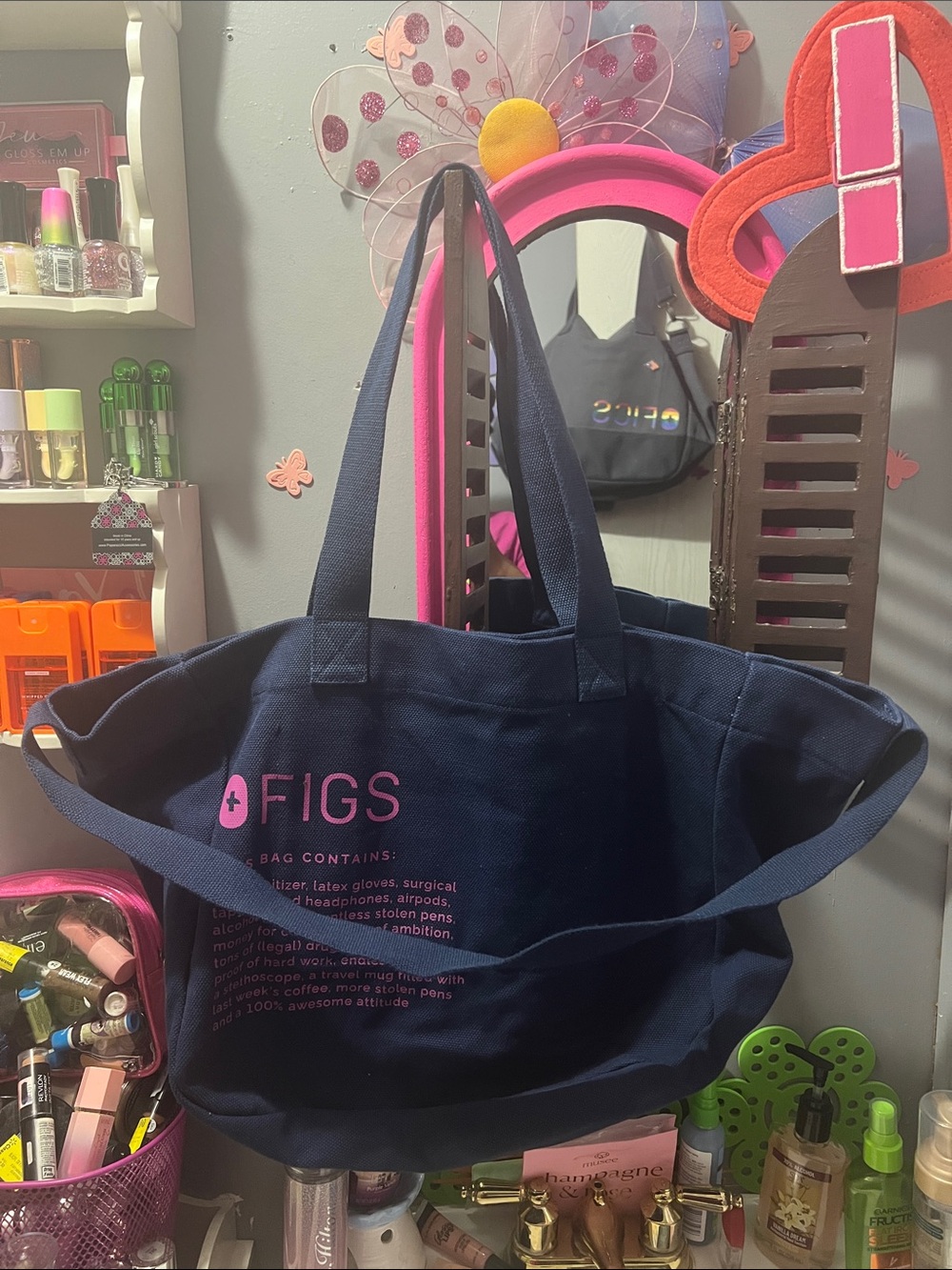 FIGS Navy Tote with Pink Logo